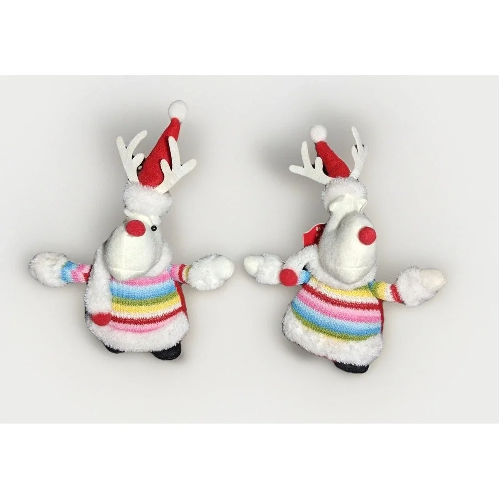 Holiday Time Rainbow Sweater Reindeer Plush Christmas Decor Set of 2 White Red